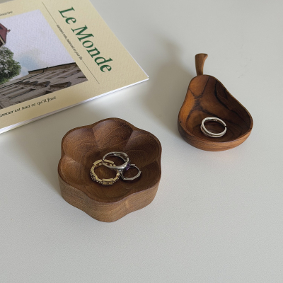 复古实木女生首饰饰品戒指收纳碟子桌面小摆件圆形装饰玄关小托盘