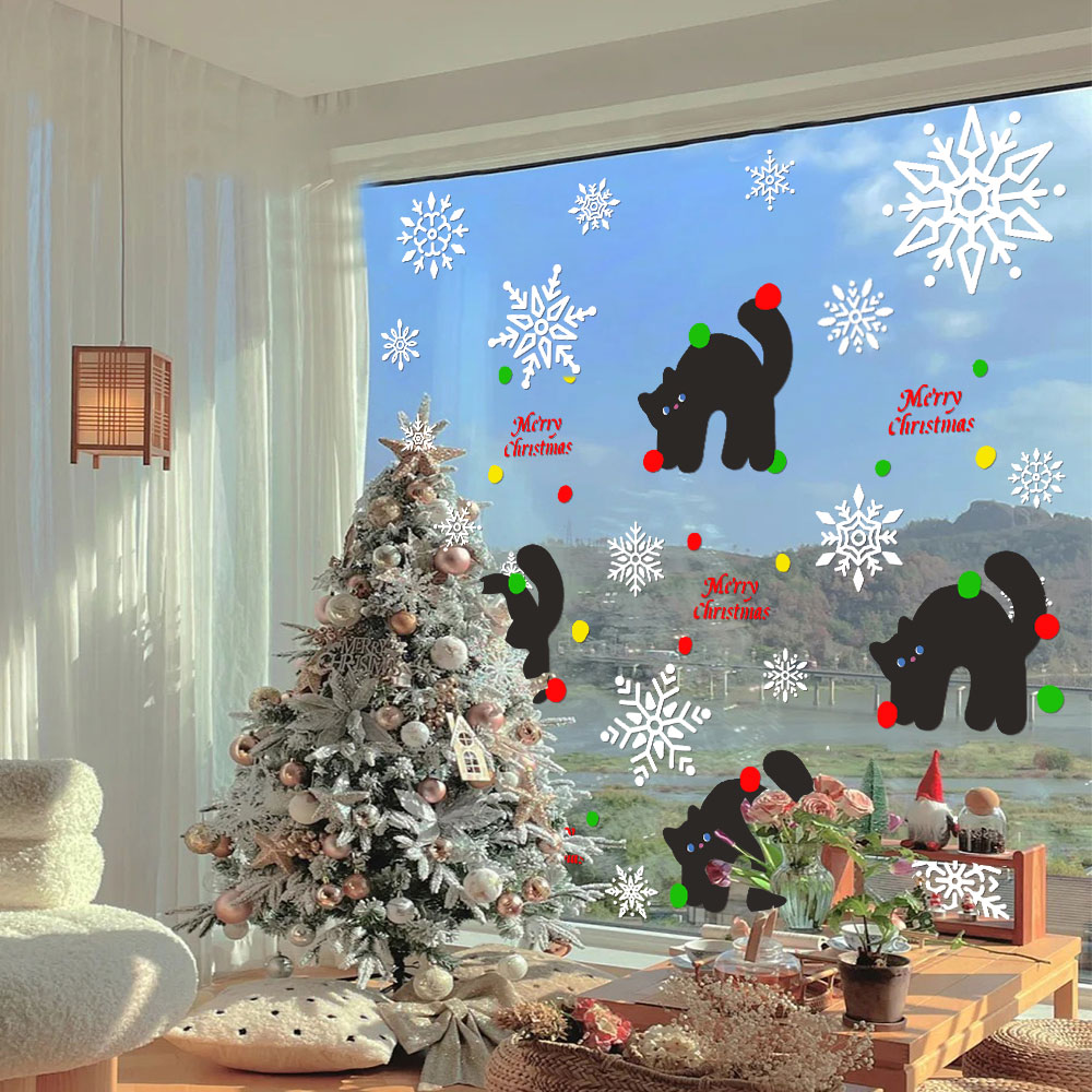 ins网红圣诞节布置玻璃贴纸新年装饰橱窗贴画家用卡通猫咪雪花贴