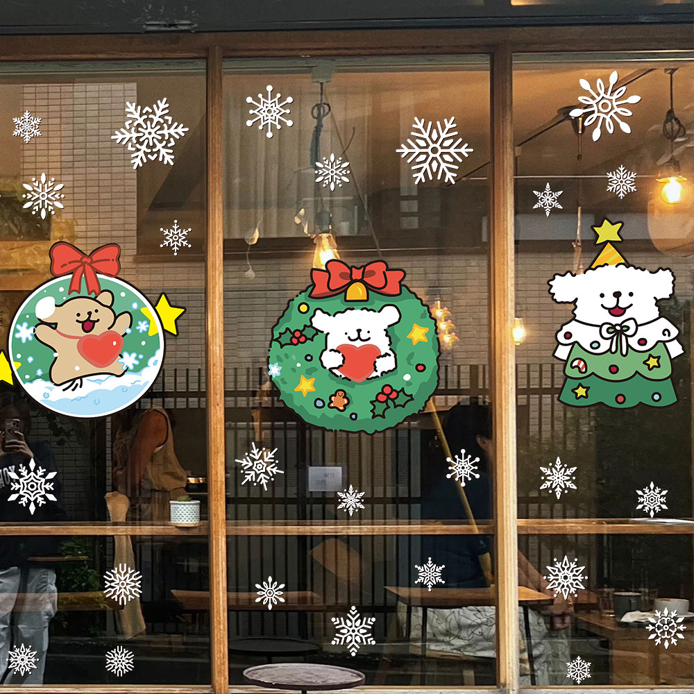 圣诞节卡通线条小狗装饰雪花贴纸橱窗玻璃门贴新年装扮静电窗花画