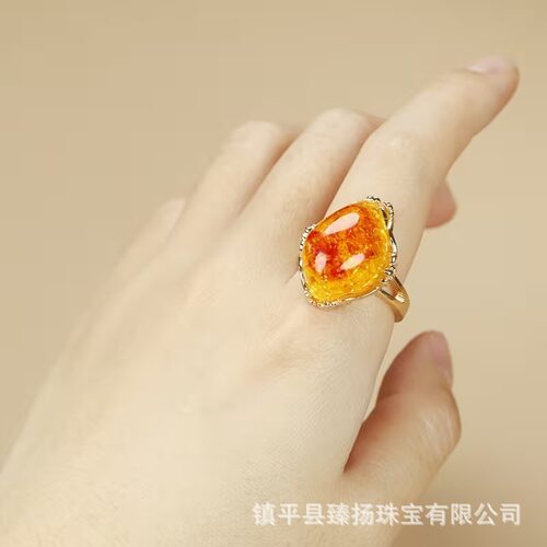 蜜蜡戒指鸡油黄老蜜花珀 男女款 二代琥珀活口可调节蜜蜡戒圈