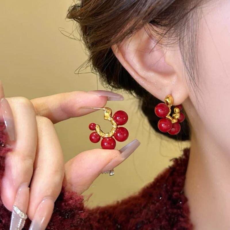 红色法式复古耳环女高级感