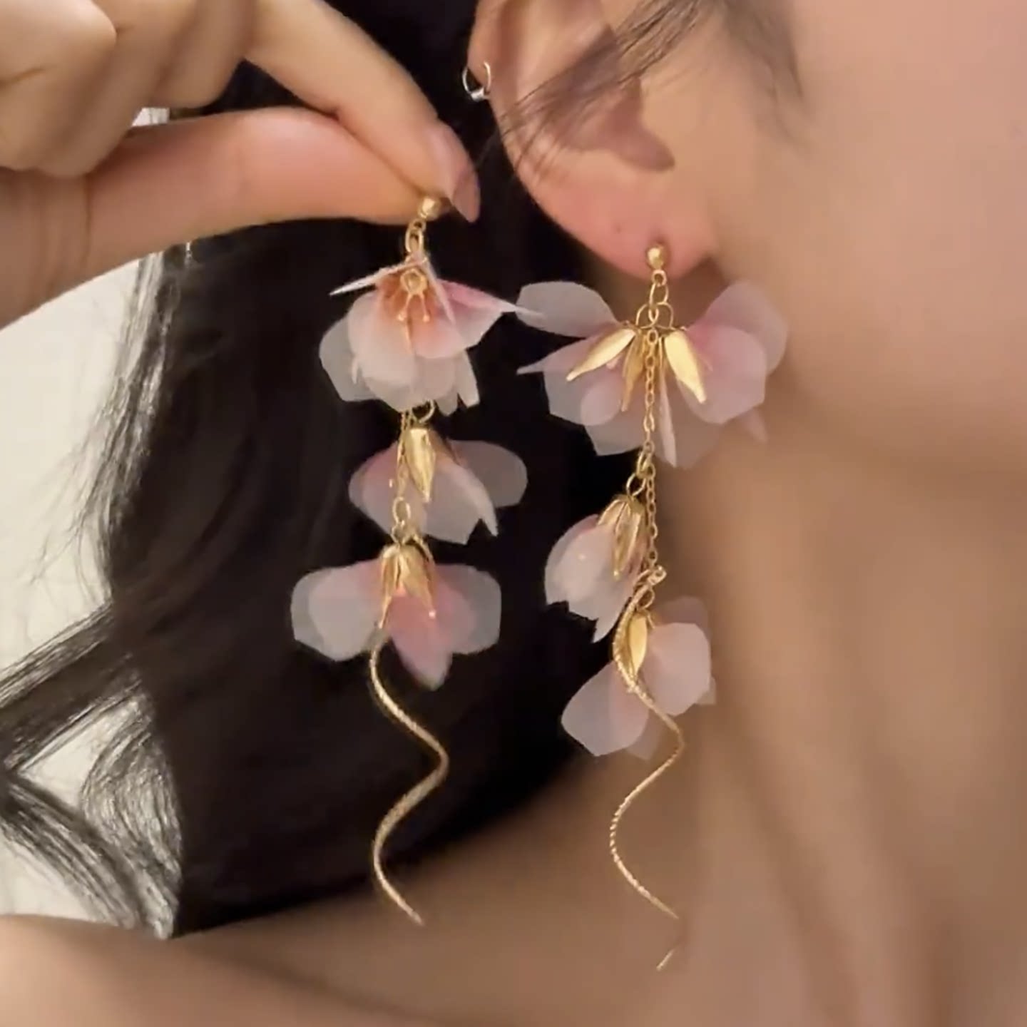 超仙粉色花朵流苏耳环女