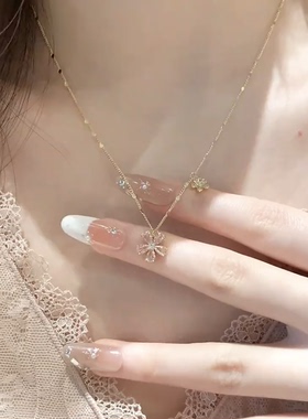 粉色锆石小花吊坠项链女