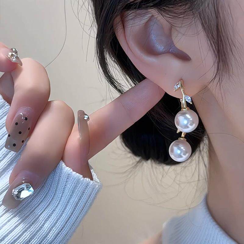 娜么甜交叉锆石叶子珍珠耳环女