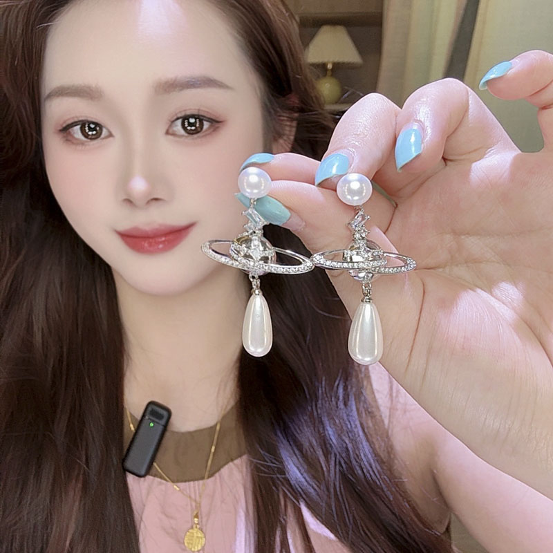 镶钻星球水滴珍珠吊坠耳钉女