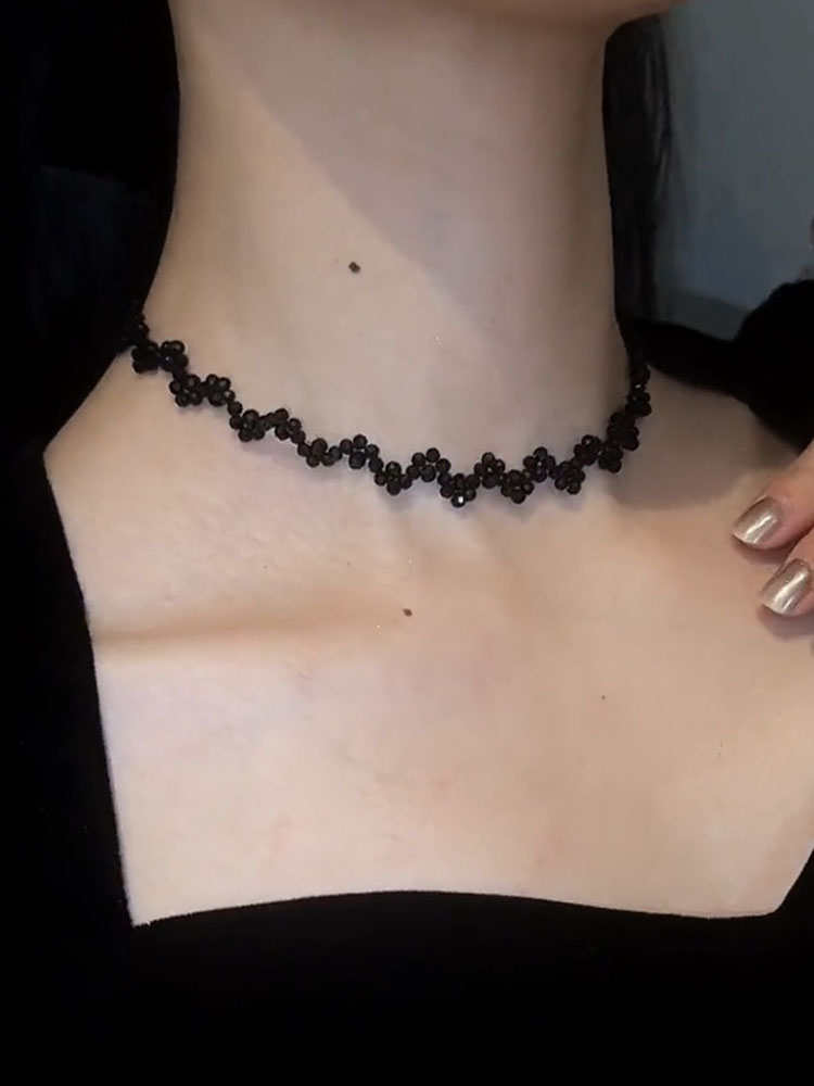 黑色水晶波浪锁骨链项链女