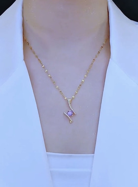 钛钢不掉色紫色锆石水滴项链女
