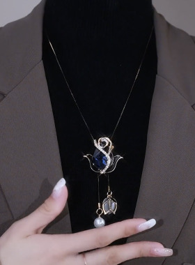 大气百搭郁金香珍珠吊坠毛衣链女