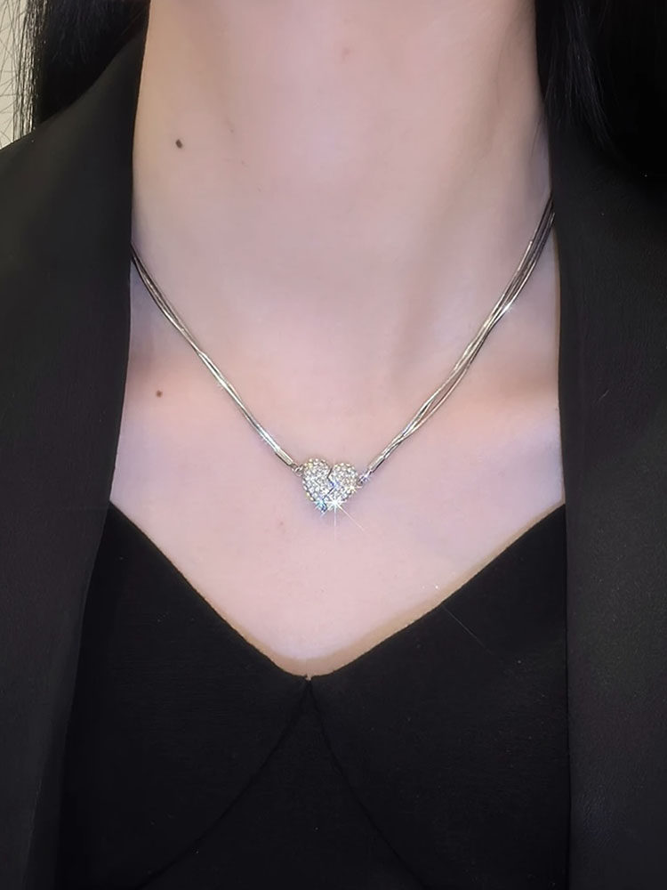镶钻吸铁石爱心多层链条项链女