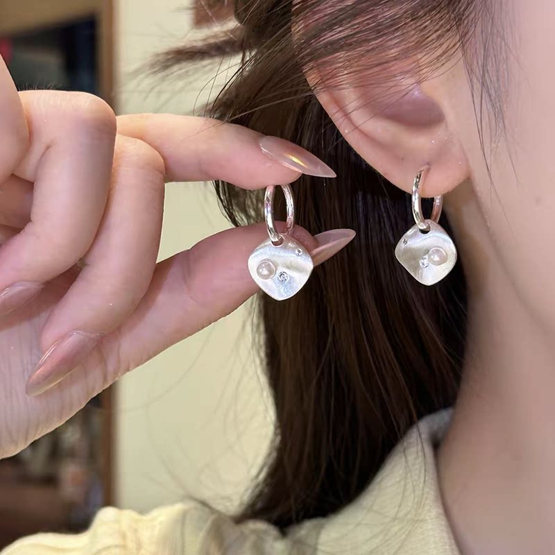 银色拉丝菱形吊坠圈圈耳扣女