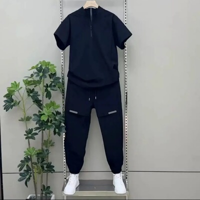 【现货】25359夏季款男士时尚百搭帅气半拉链休闲运动两件套高端