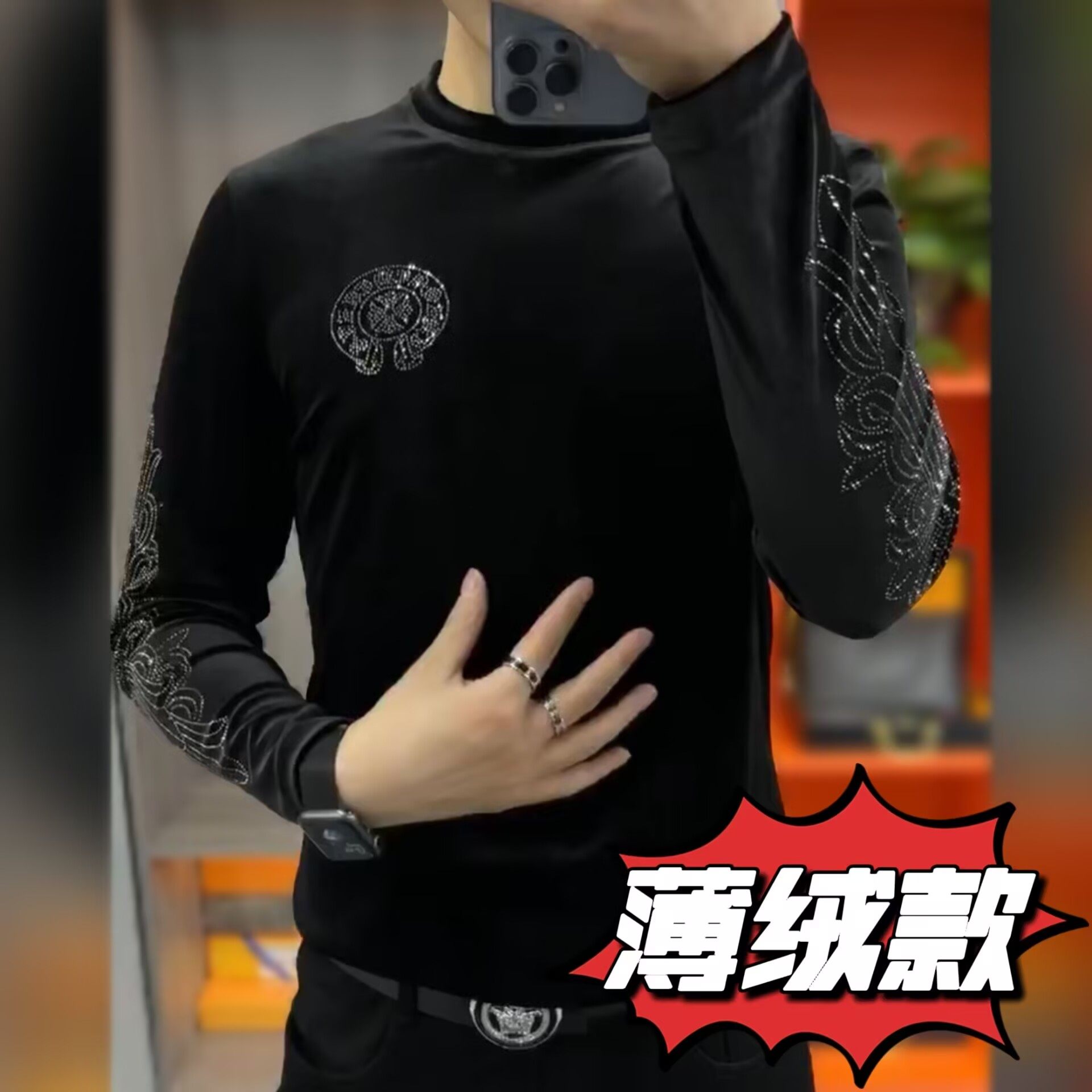 【现货】3910男士春季新品金丝绒烫钻长袖小衫精品欧货潮T恤圆领