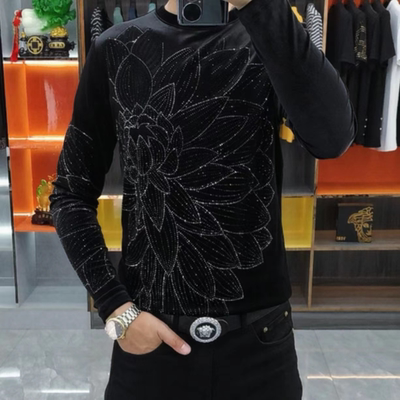 男士春季金丝绒烫钻长袖T恤