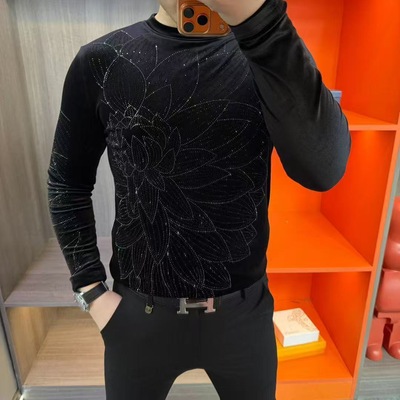 【现货】3912男士秋冬新品金丝绒烫钻小杉百搭时尚打底衫舒适百搭