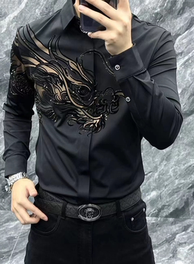 【现货】2086男士秋冬新品时尚衬衫欧货烫钻弹力小衫厚款无痕修身