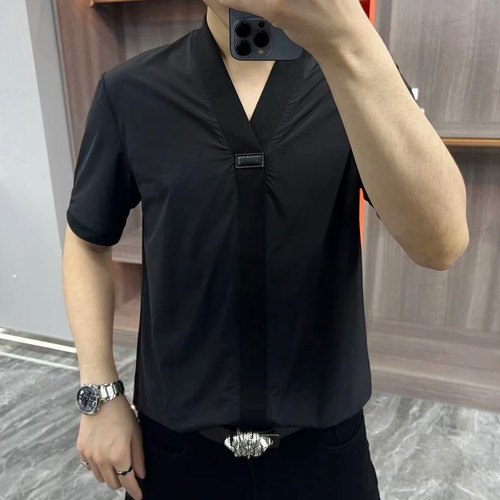 【现货】DX120夏季新品高端拼接男士短袖T恤薄款V领简约时尚休闲