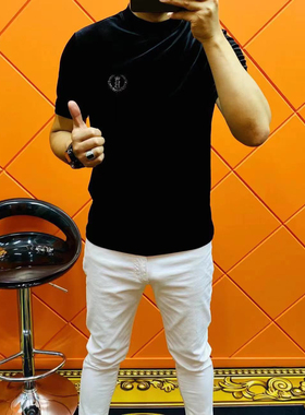 23196男士春季金丝绒烫钻短袖修身弹力潮流寸领半袖打底时尚上衣