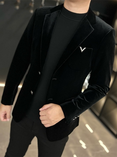 1393男士春季新品金丝绒时尚修身休闲翻领西服黑色潮流外套上衣