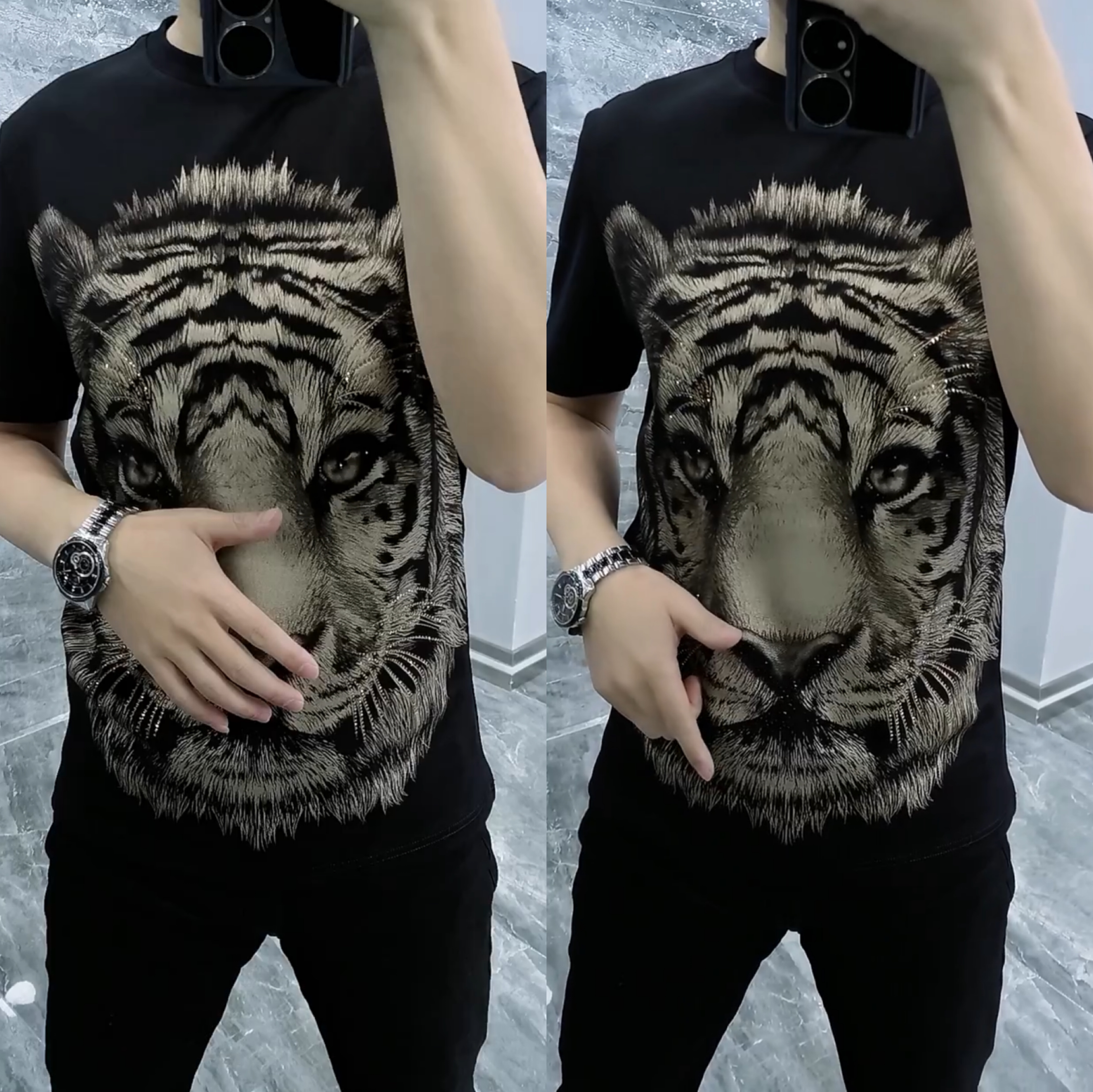 6001男士夏季帅气时尚圆领短袖烫钻黑色虎头t恤精品欧货男装2023