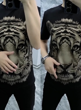 6001男士夏季帅气时尚圆领短袖烫钻黑色虎头T恤精品欧货男装