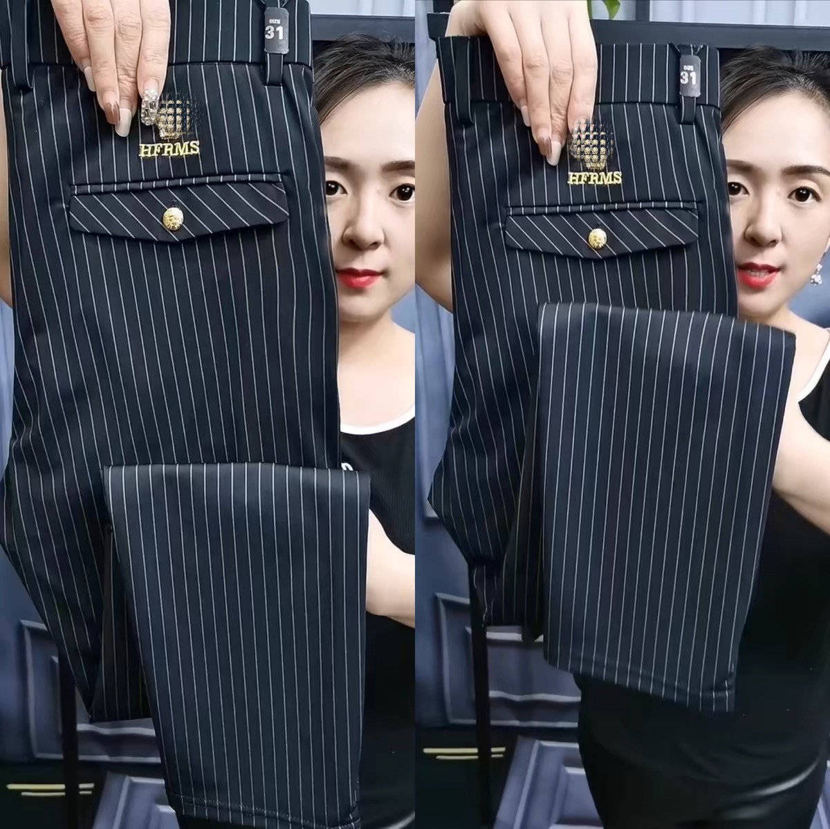 1913男士春季新品商务休闲小脚裤条纹时尚透气新品长裤帅气黑色