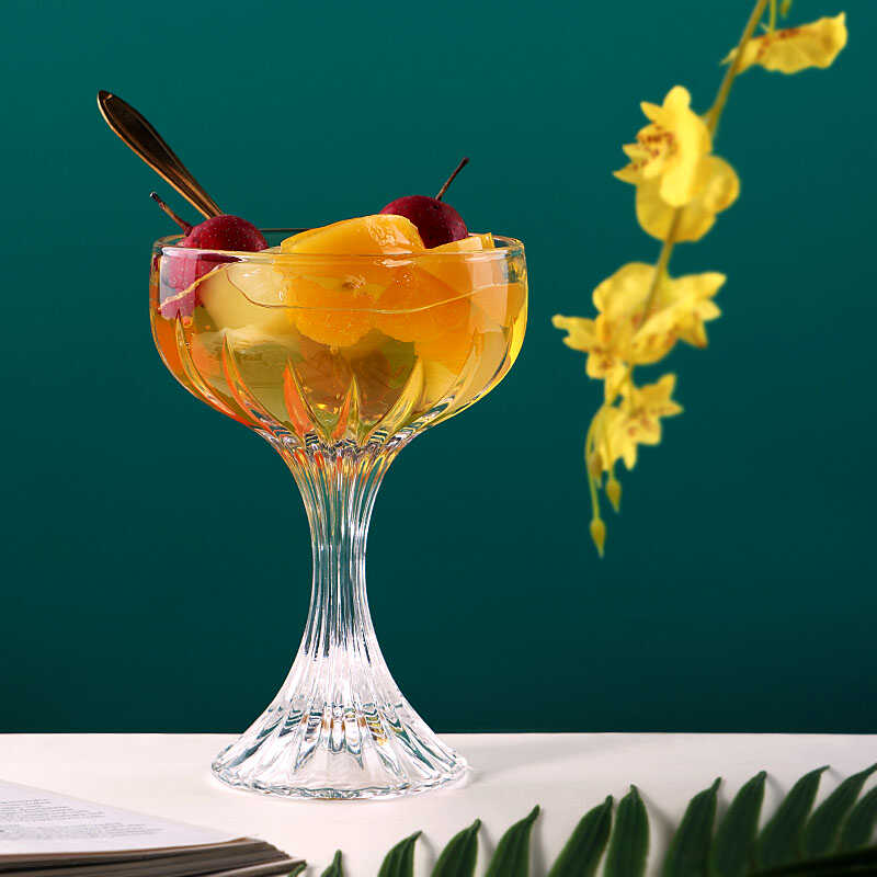 创意高脚玻璃宽口杯甜品杯冰激凌水果冰淇淋杯子家用水果捞酸奶杯