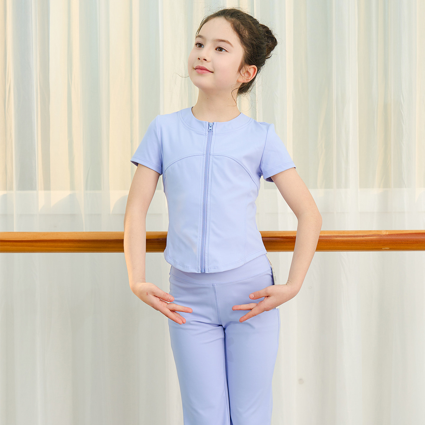 儿童舞蹈服套装女童夏季短袖拉链演出服基训练功服修身高腰两件套