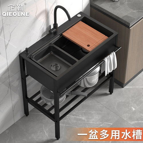 不锈钢水槽带支架洗碗池落地式一体蜂窝压纹洗菜盆厨房家用大单槽