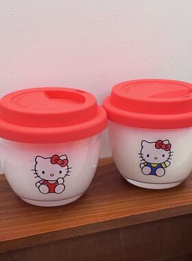 可爱kt猫带盖咖啡玻璃杯姐妹款水杯手握小容量儿童小口玻璃杯