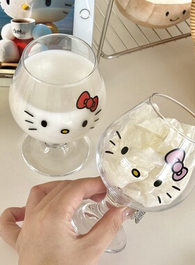 ins风啤酒杯凯蒂猫高脚杯玻璃杯高颜值家用鼓鼓大肚杯女生牛奶杯