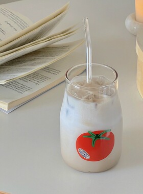 简约伟大的番茄玻璃水杯赠送吸管可爱少女心家用耐高温饮料果汁杯