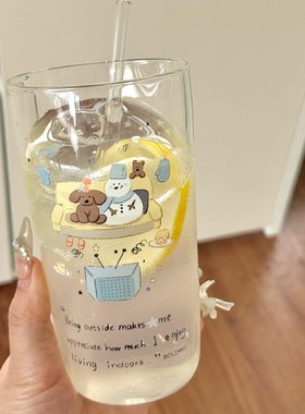 ins冬日雪人氛围玻璃杯耐高温好看高颜值女生吸管水杯轻薄耐冷热