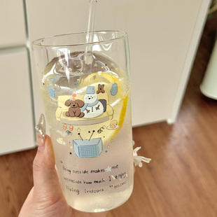 ins冬日雪人氛围玻璃杯耐高温好看高颜值女生吸管水杯轻薄耐冷热