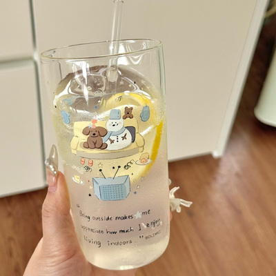 【送吸管好看的冬日雪人玻璃杯】