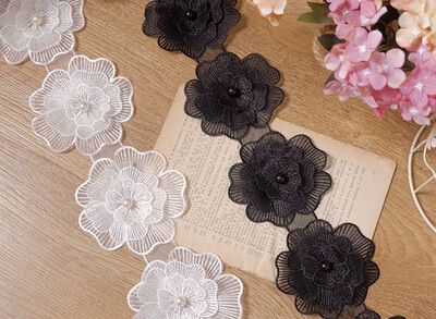 10cm宽立体珍珠蕾丝花边婚纱辅料