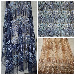 网纱蕾丝刺绣面料 流苏亮片绣花蕾丝布料 连衣裙演出服面料