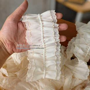 宽8cm杏色雪纱皱褶珍珠花边辅料蕾丝木耳边diy装饰手工花边材料