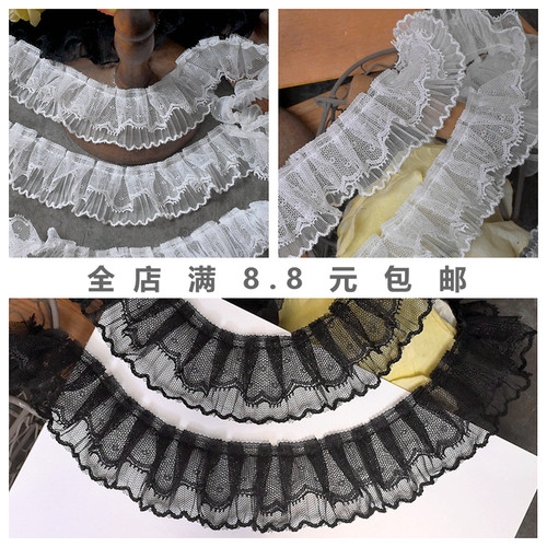 宽4cm双层网纱蕾丝狗牙边皱褶花边DIY手工娃衣装饰服装花边辅料