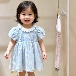 WBT旺贝特女童碎花连衣裙夏可爱公主袖蕾丝娃娃领中裙