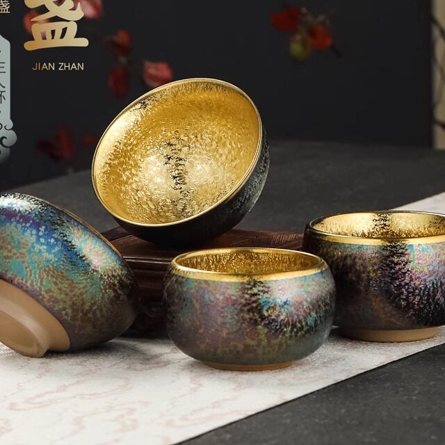 陶瓷鎏金盏曜变七彩茶杯杯天目釉建盏