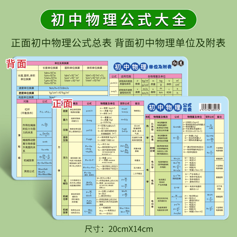 初中物理公式大全卡片 知识点记忆手卡 数学化学元素周期表卡墙贴
