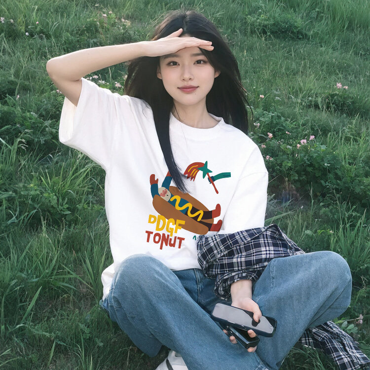 卡通印花短袖T恤女2026夏季新款纯棉宽松显瘦白色圆领上衣休闲风
