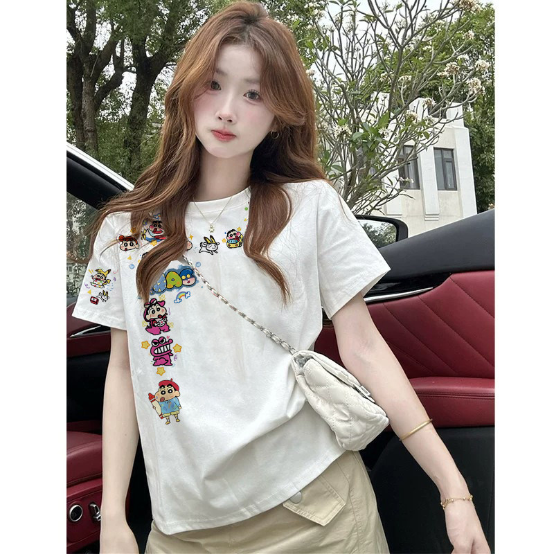 夏季新款卡通印花纯棉短袖设计感白色T恤女宽松百搭创意半袖上衣