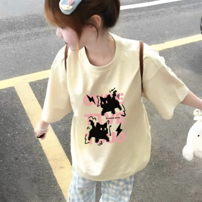 夏季新款宽松美式复古设计感印花纯棉短袖杏色T恤女百搭小众ins风