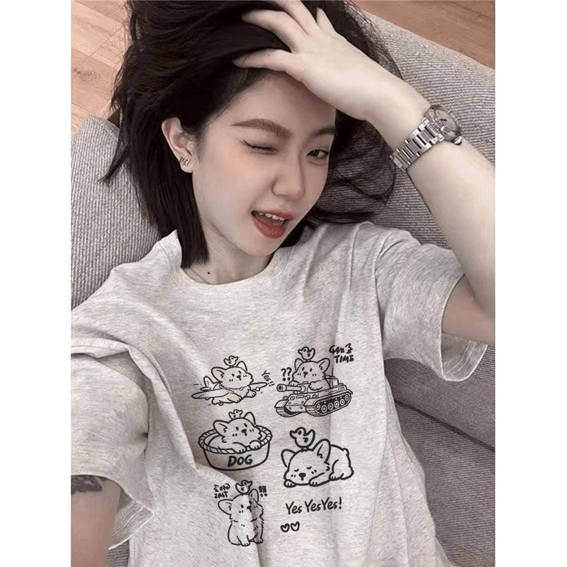 夏季新款柯基印花宽松短袖T恤女休闲百搭设计感小众半袖上衣韩版