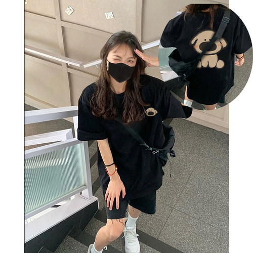 夏季新款宽松黑色纯棉短袖小狗印花T恤女小众百搭黑色潮流上衣服