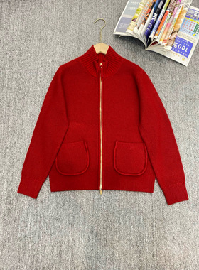 2025秋冬新款女装时尚休闲百搭翻领拉链长袖红色新年羊毛针织衫