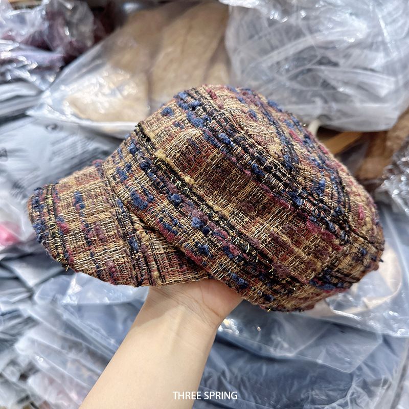 帽子女款2025年秋冬新款复古彩线格纹平顶报童帽气质大头围马术帽