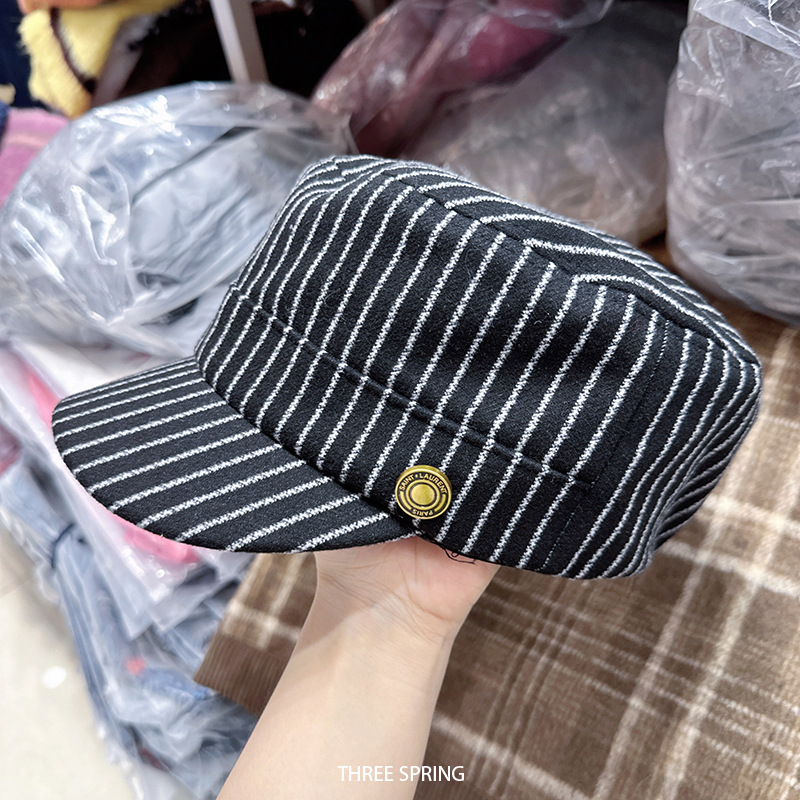 帽子女款2025年秋冬新款英伦风条纹平顶报童帽复古气质百搭马术帽