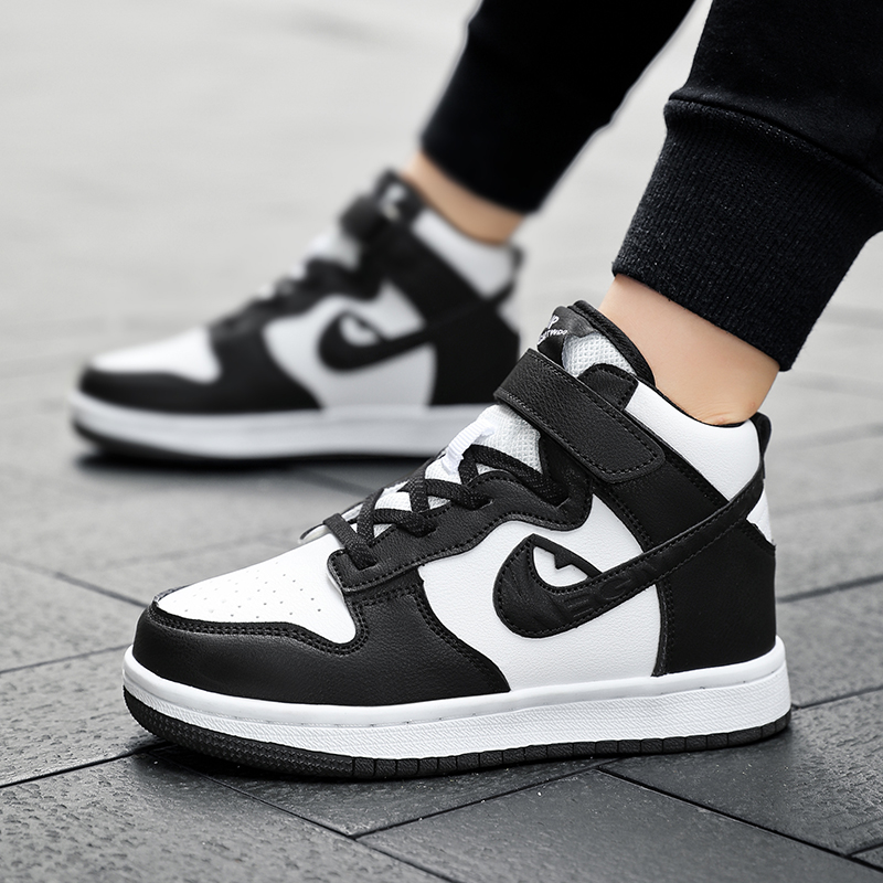 2025春季aj男童高帮皮面板鞋黑白熊猫男孩加绒保暖儿童棉鞋学生